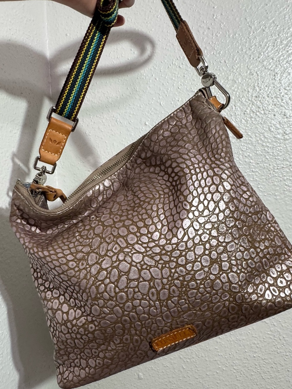 Consuela Downtown Crossbody LuLu in Lilac foiled leather.
